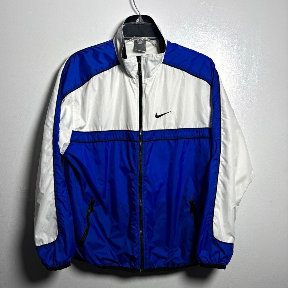 Nike Men's Windbreaker Jacket M Blue/White Colorblock Full-Zip Pockets Nylon